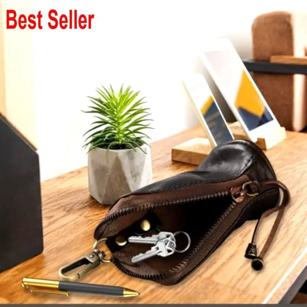 Cowhide Leather Mini Zipper Coin Pouch Keychain Wallet Vintage Storage